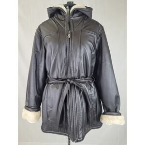 Wilsons Leather Coat Genevieve Belted Jacket Faux Fur Hooded Women's Sz 1X